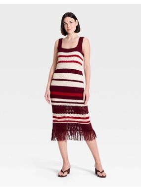 a new day Burgundy, Cream and Red Striped Crochet Dress